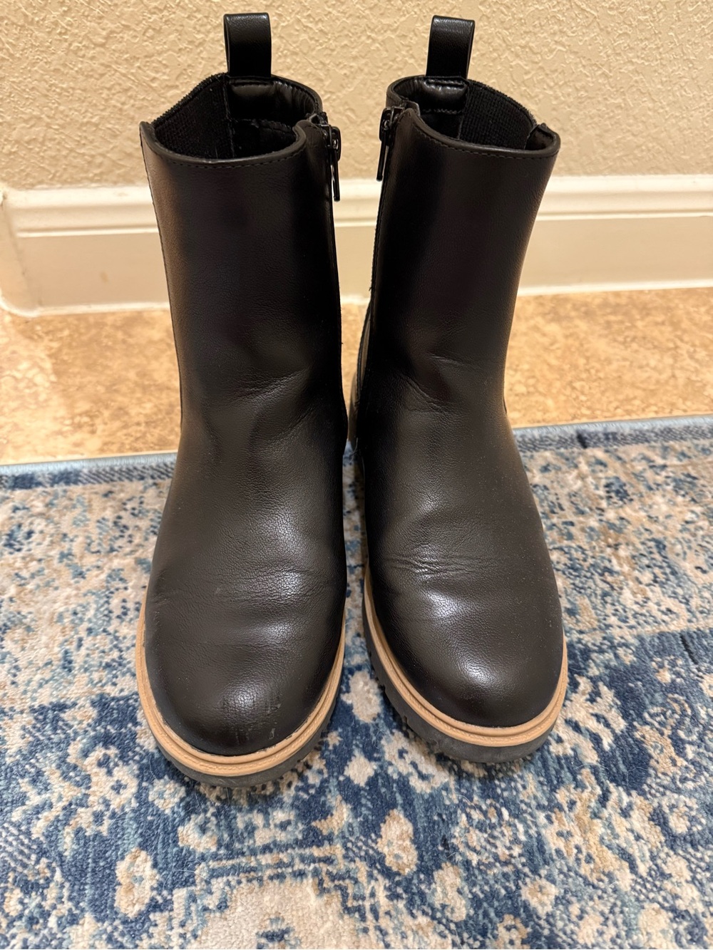 Cat & Jack Girls Mid-Calf Black Leather Zip Ankle Boots